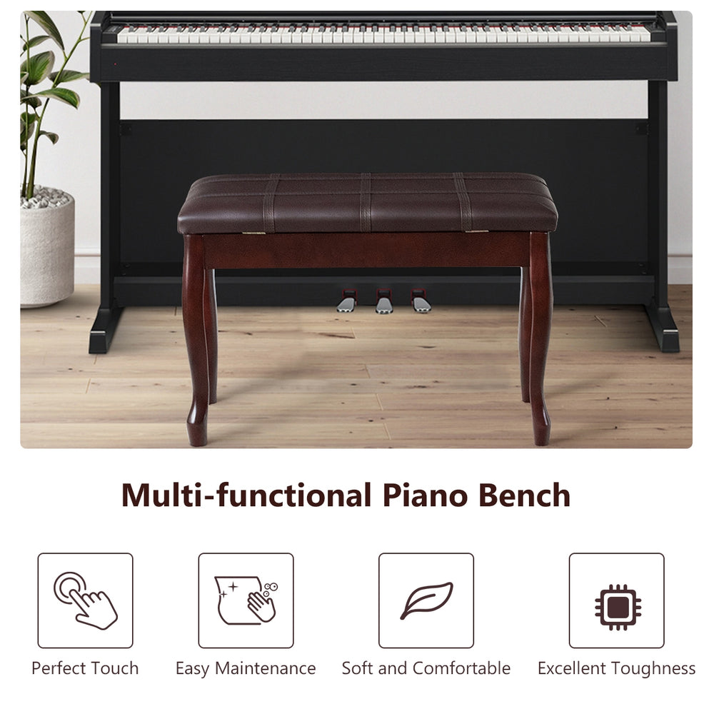 Solid wood piano bench with brown PU leather, padded seat, and storage compartment for sheet music and books.
