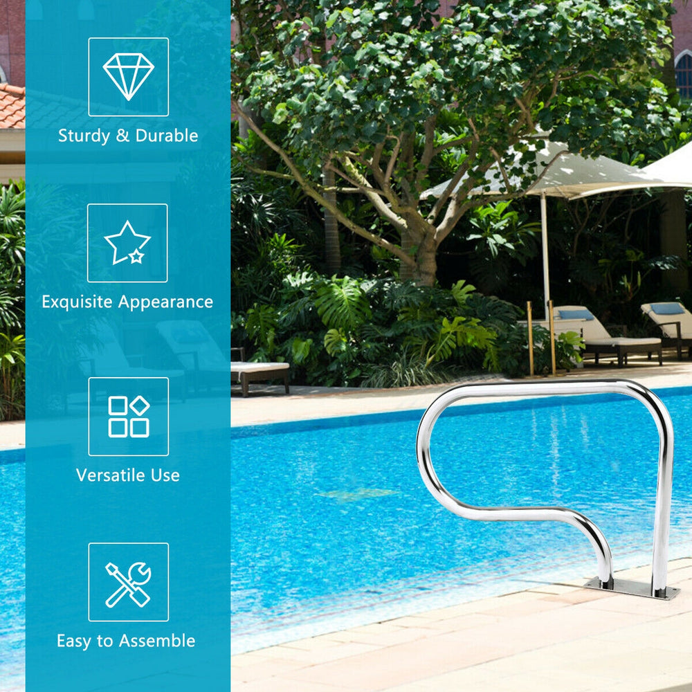 Stainless steel swimming pool handrail with square base, 22" tall, rust-resistant, easy to assemble for safe pool.