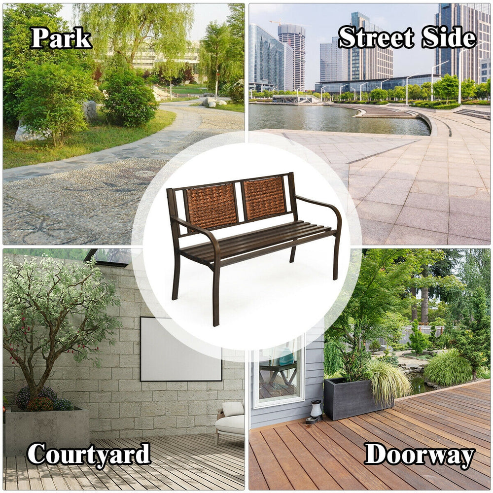 Patio garden bench with powder coated steel frame and PE rattan, perfect for outdoor relaxation in any garden or.