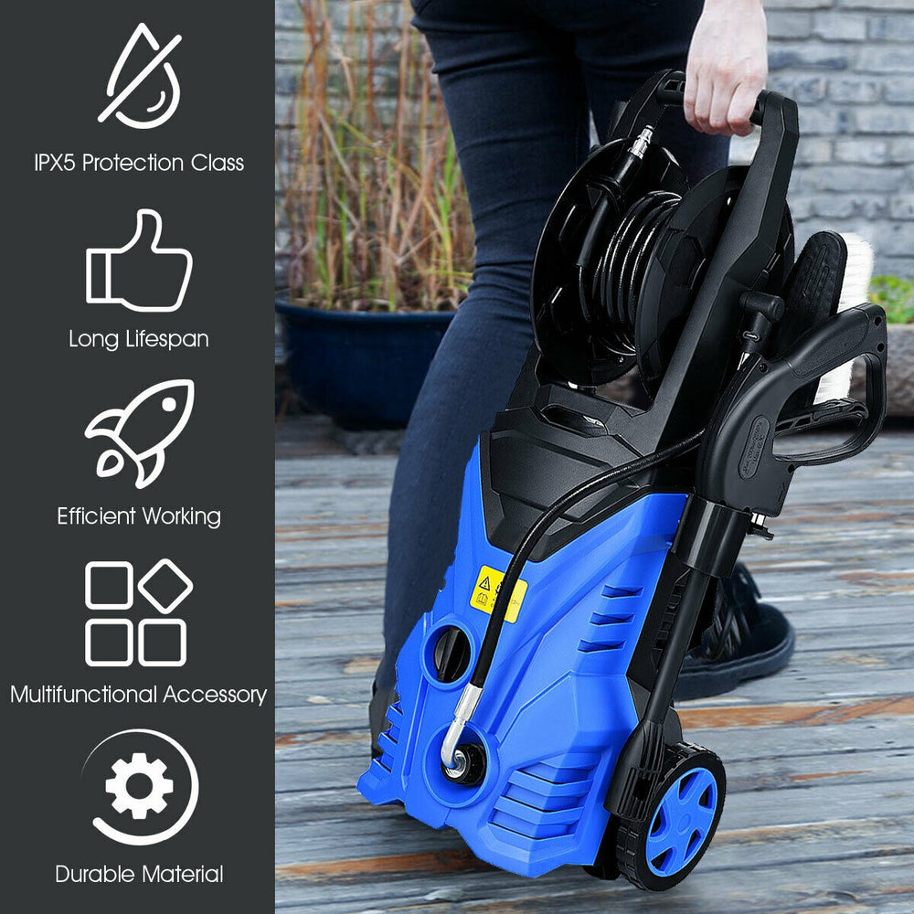 Electric pressure washer in blue with hose reel, 2030 PSI, ideal for cleaning patios, cars, and outdoor furniture.