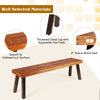 Acacia wood dining bench with thick steel legs, featuring a smooth surface and adjustable foot pads for outdoor use.