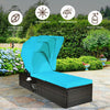 Turquoise outdoor chaise lounge chair showcasing a retractable canopy and sponge-padded cushion, perfect for garden use.