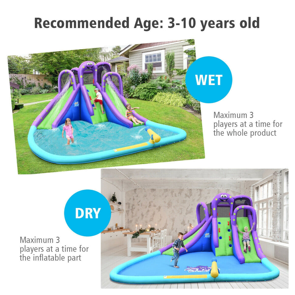 Inflatable water park with a tall slide and pool, featuring octopus design, for wet or dry fun in the backyard.