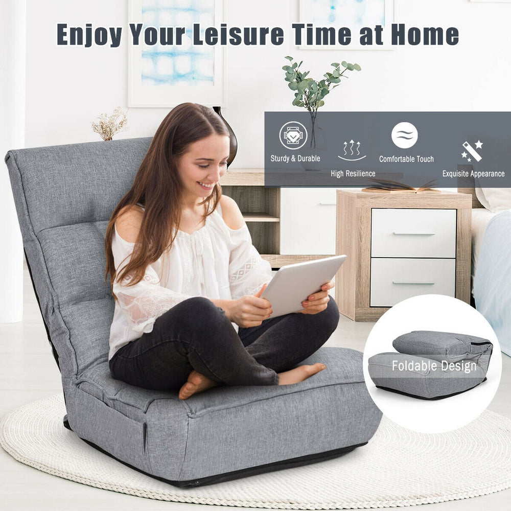 Adjustable gray floor chair with four positions, ergonomic design for gaming, reading, or TV, and foldable for easy.