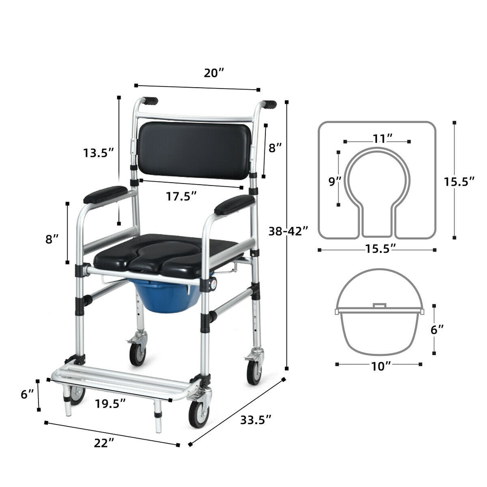 Aluminum commode shower wheelchair with adjustable height, locking casters, and removable toilet for easy cleaning.