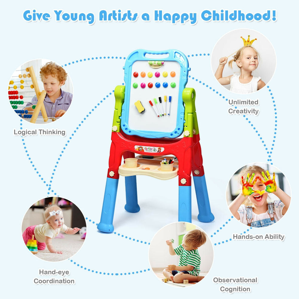 Height adjustable kids art easel with magnetic whiteboard and chalkboard, promoting creativity and friendship for young.