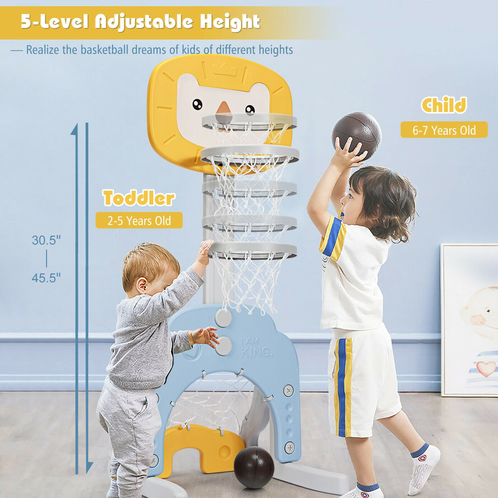 Adjustable kids basketball hoop set in yellow, featuring 5 height levels for ages 2-7, ideal for indoor and outdoor.
