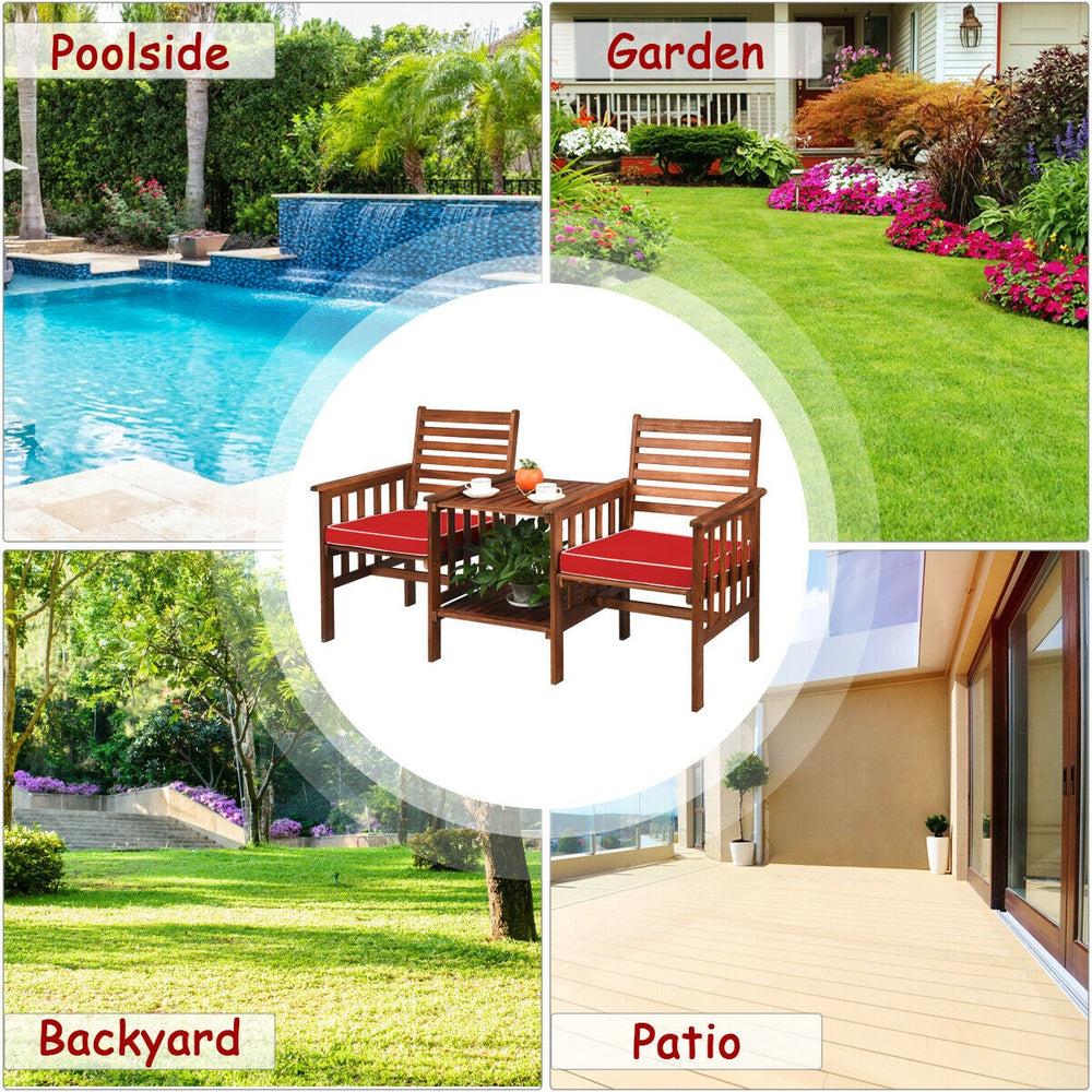 Acacia wood coffee table with lower shelf and umbrella hole, designed for outdoor settings like patios and gardens.