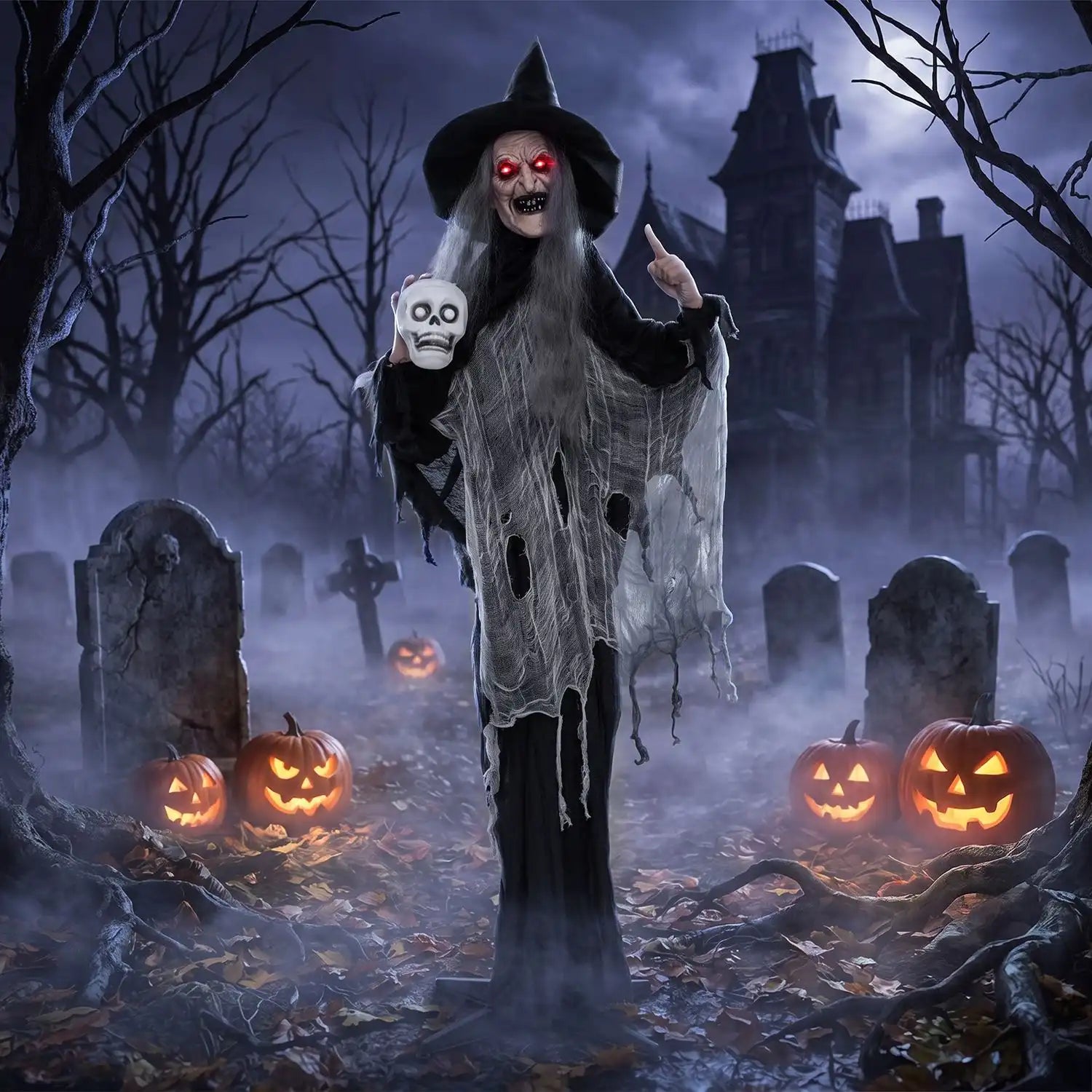 Costway 6.3' Halloween Animatronic Standing Witch with Skull 96262129 New