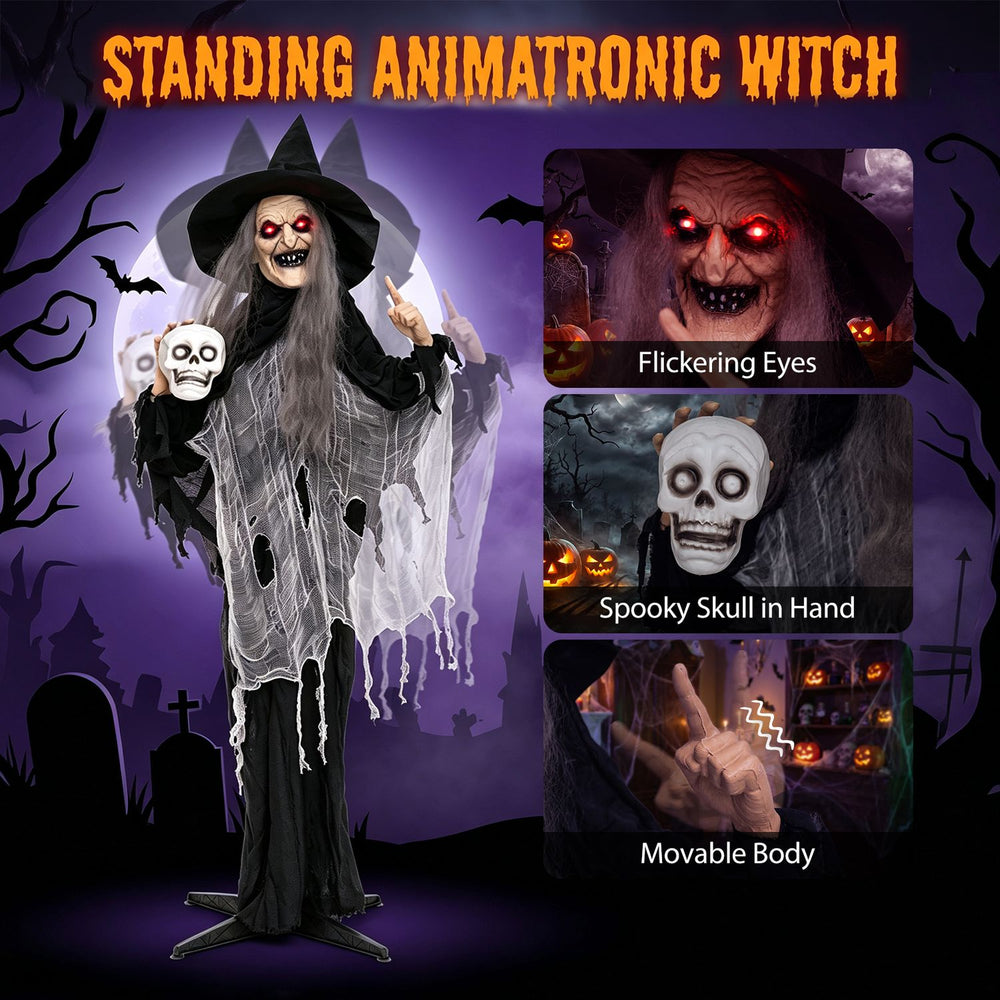 Standing 6.3 FT tall, this Halloween animatronic witch features flickering eyes and holds a spooky skull for a frightful display.