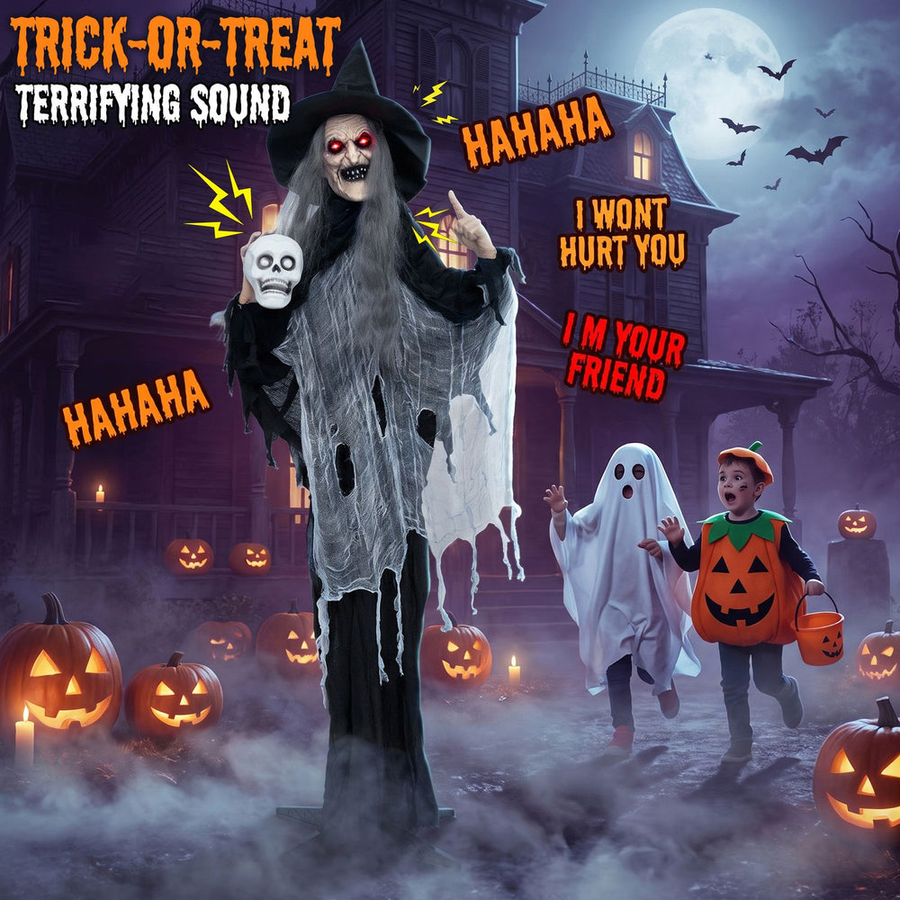 6.3 FT Halloween standing animatronic witch with skull, featuring flickering eyes and terrifying sound for spooky decor.