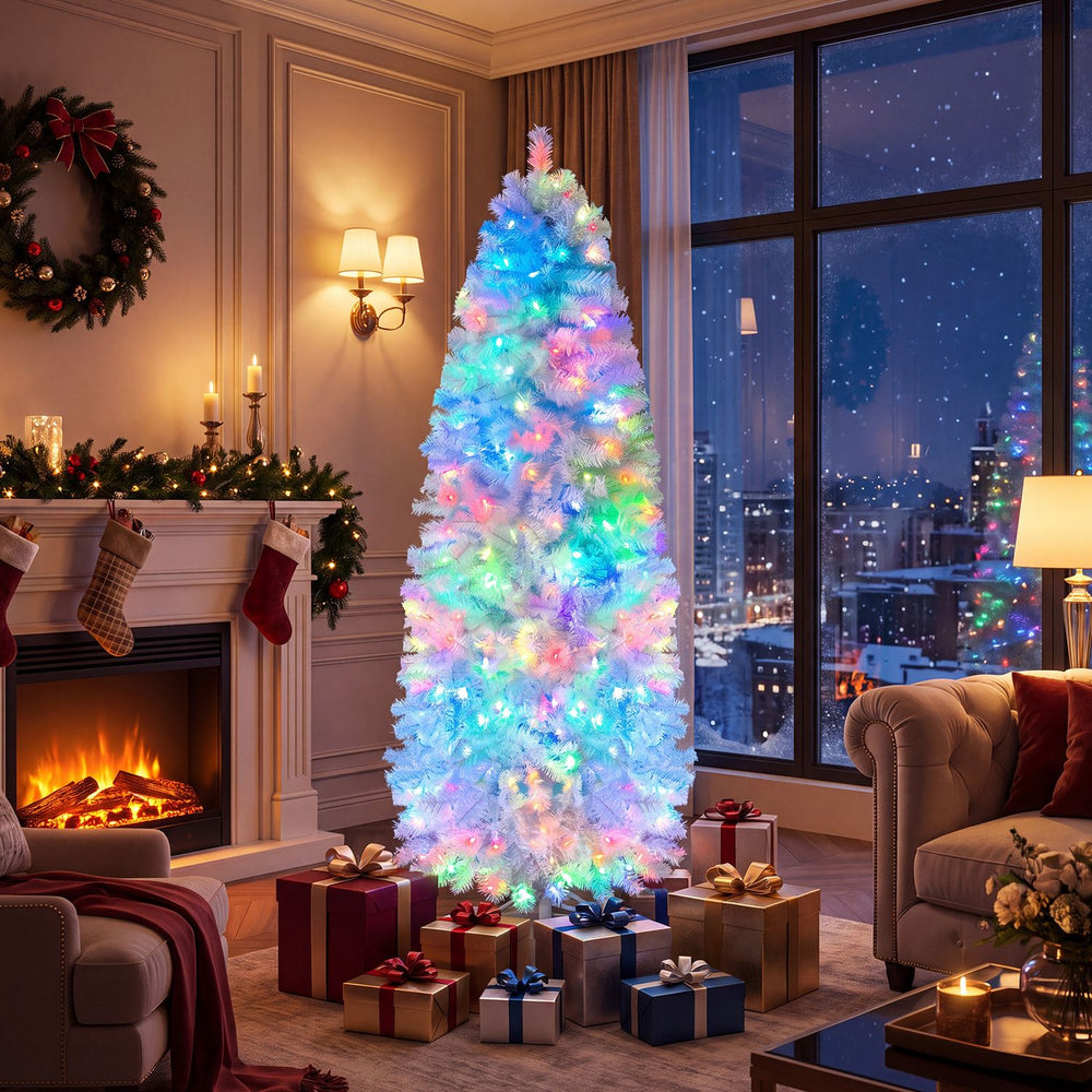 Smart 6.3 FT pencil Christmas tree with 380 RGB LED lights, featuring remote control and 42 lighting effects for festive decor.