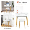 Stylish wooden vanity table with a flip top mirror, showcasing ample storage, perfect for makeup or as a writing desk.