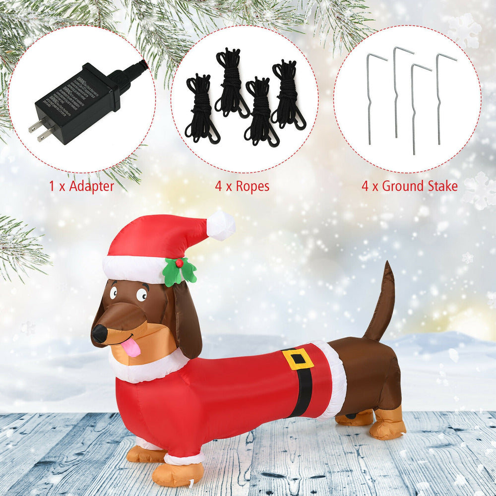 5-foot inflatable Christmas dog wearing a Santa hat, made of waterproof polyester, perfect for holiday decorations.