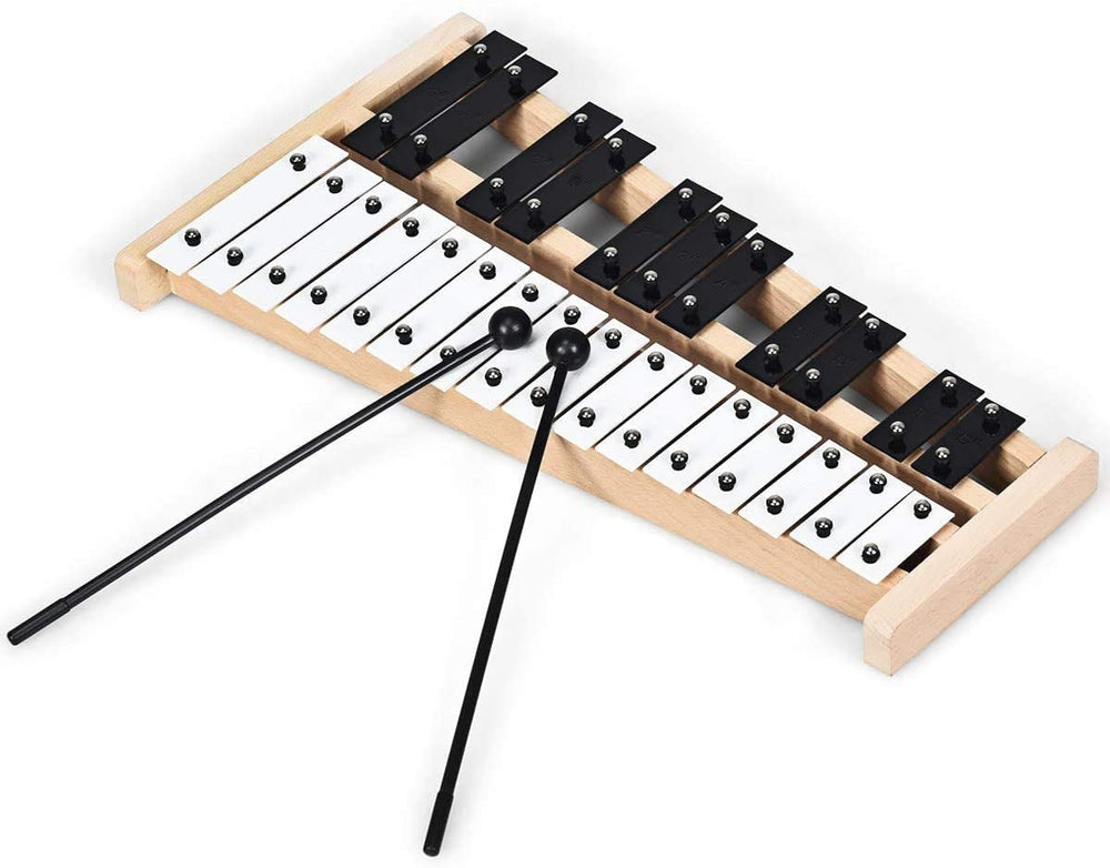 Close-up view of the 27-note glockenspiel xylophone keys, made of aluminum for crisp tones, suitable for all ages.