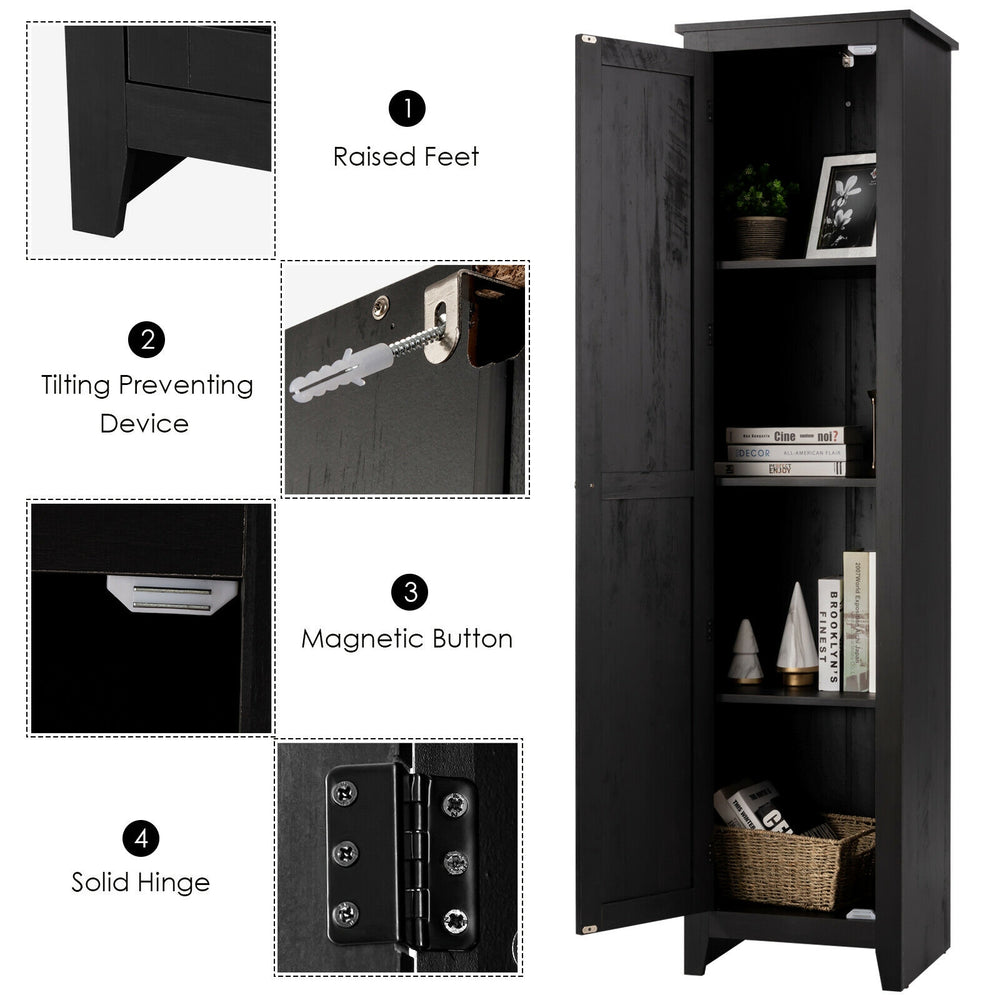 Tall black linen tower storage cabinet with four shelves, raised feet, and anti-toppling device for bathroom or living.