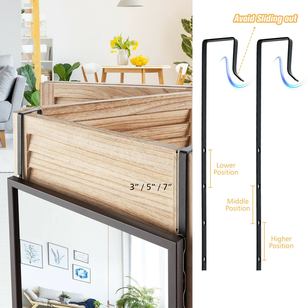Full-length coffee metal door mirror with adjustable hooks for wall or door mounting, providing a clear.