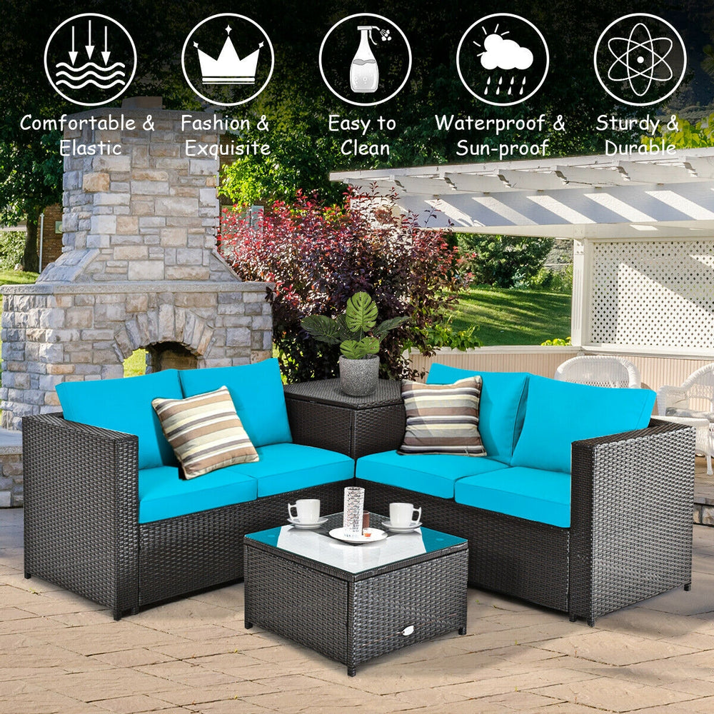 Turquoise cushioned loveseat and coffee table in a 4-piece outdoor patio rattan furniture set for stylish relaxation.