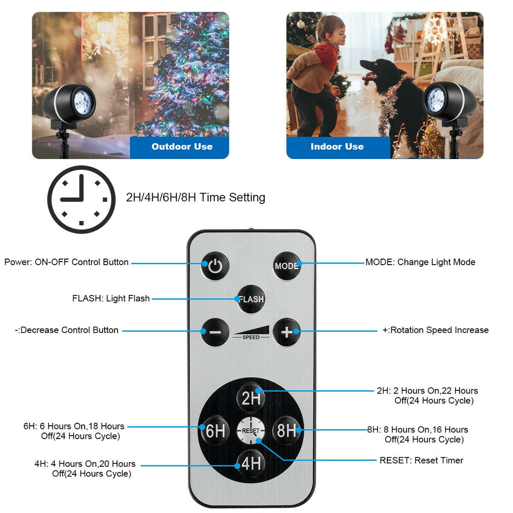 Outdoor waterproof Christmas snowflake LED projector lights with remote control for creating festive snow scenes.