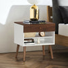 Mid-century nightstand with drawer and rubber wood legs, featuring open shelves for storage, perfect for bedroom decor.