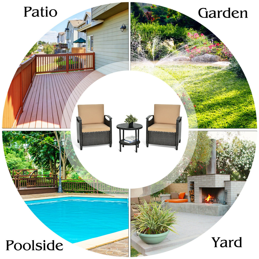 3-piece patio rattan furniture set with cushioned chairs and storage table, perfect for outdoor relaxation in gardens.
