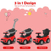 Red 3-in-1 ride-on push car for toddlers, featuring stroller, walking car, and ride-on modes with music and storage.