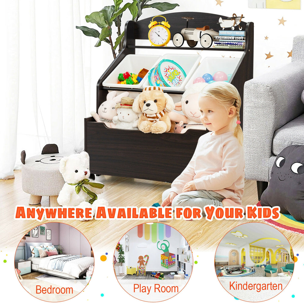 Kids wooden toy storage unit in espresso with removable bins and rolling toy box, perfect for organizing toys in.
