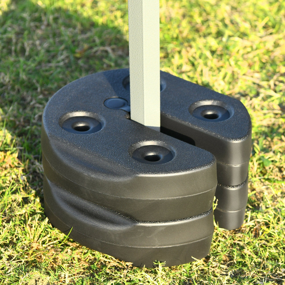 Canopy weight plate kit with no-pinch design, made of weather-resistant PE, securely holds tents and umbrellas in place.