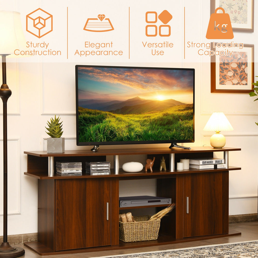 Walnut 63-inch TV entertainment console with 2 cabinets and open shelves, ideal for living room or bedroom use.
