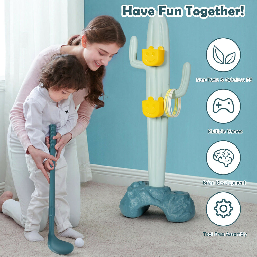 3-in-1 cactus toy stand for kids featuring golf, ring-toss, and sandbag-toss games, promoting hand-brain development.