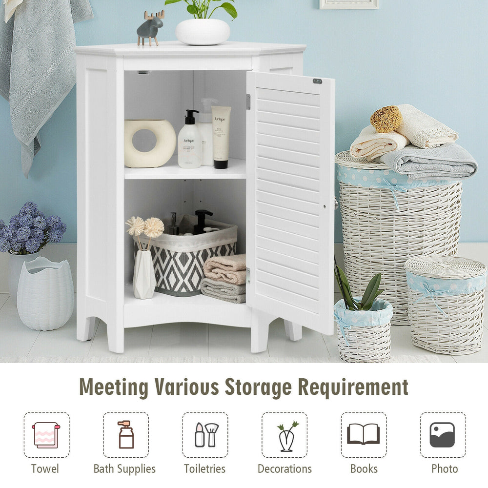 Corner storage cabinet with shutter door, made of MDF, featuring adjustable shelves for versatile bathroom storage.