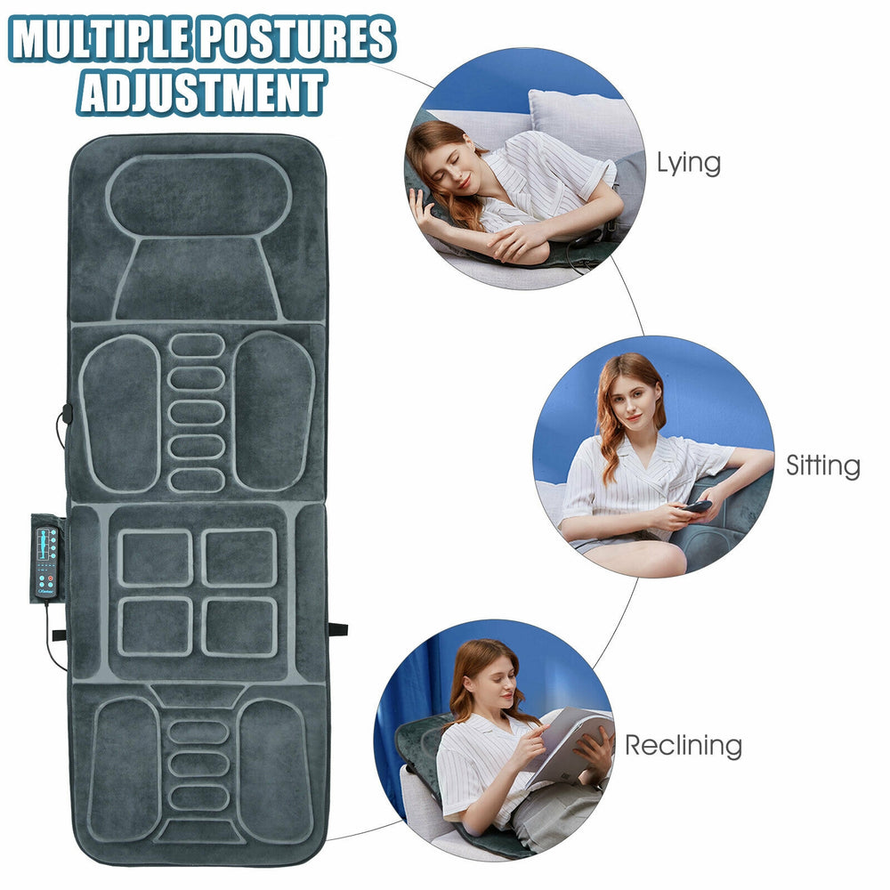 Foldable massage mat with heat and 10 vibration motors, designed for versatile use on chair, bed, or floor.