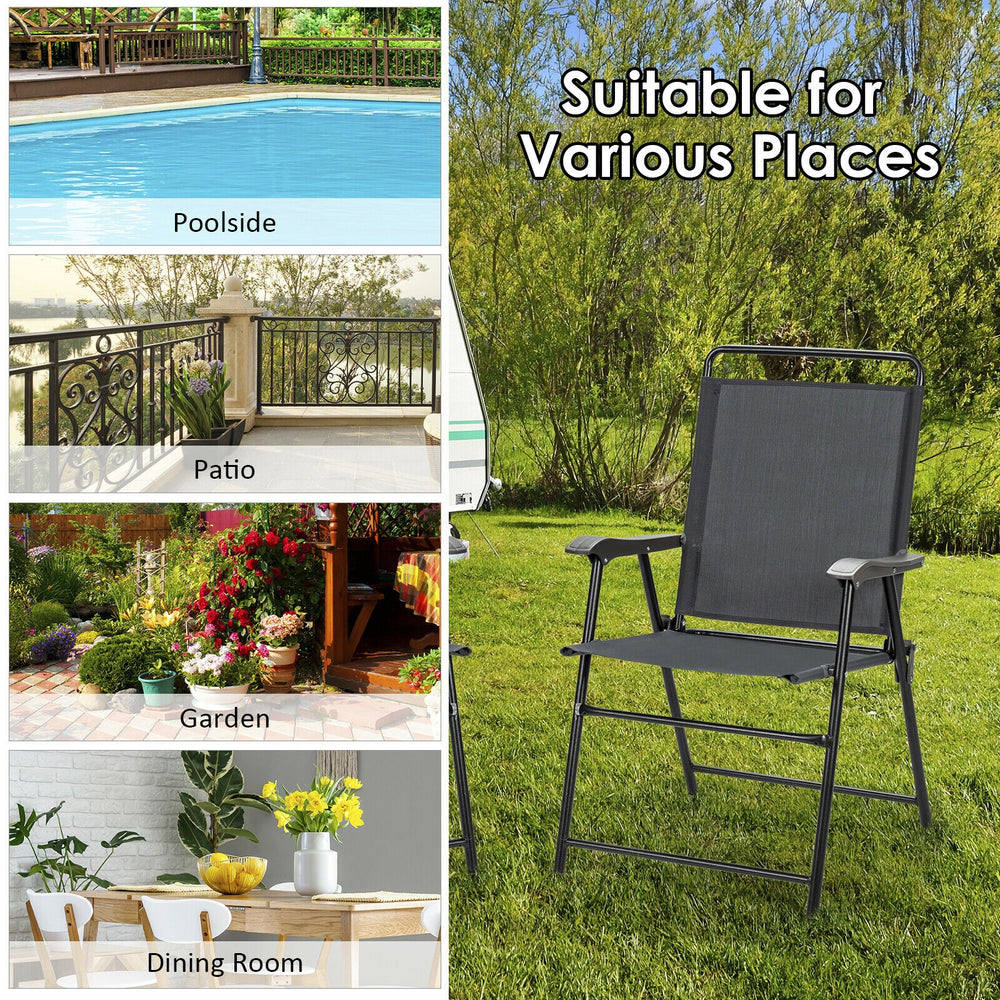 Portable outdoor folding chair with armrest, sturdy steel frame, breathable fabric, ideal for patio and garden use.