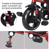 Close-up of the foldable pedal on a red 4-in-1 kids tricycle, featuring adjustable push handle for convenience.