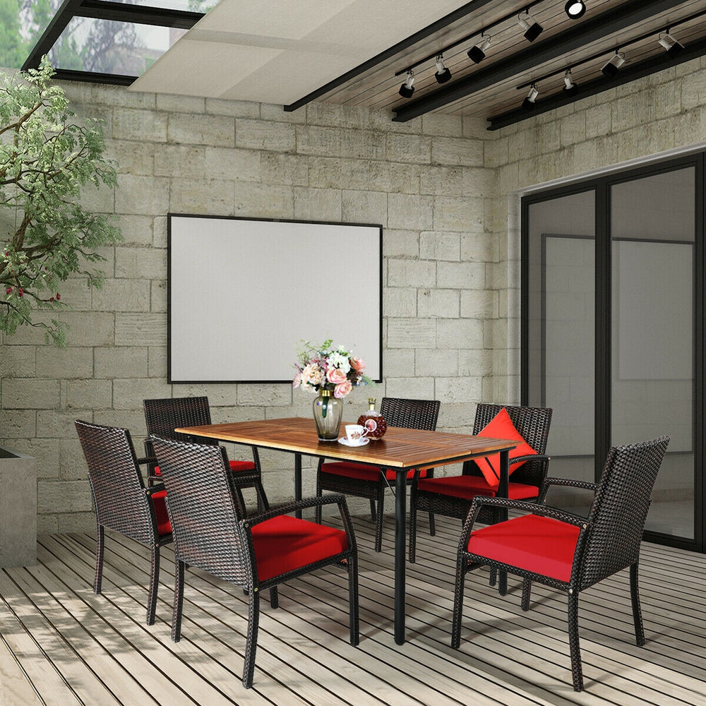 7Pcs Patio Rattan Cushioned Dining Set with Umbrella Hole-Red - Gallery View 1 of 10