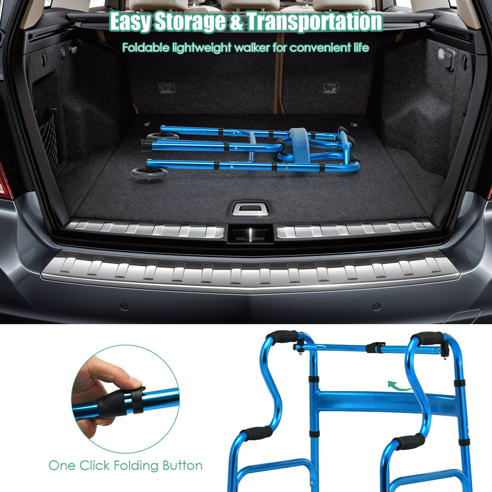 Folding wheeled stand-assist walker in blue with aluminum frame, easy storage, and one-click folding for convenience.