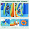 Dual water slide bounce house with climbing, sliding, and built-in water guns for summer fun and stability.