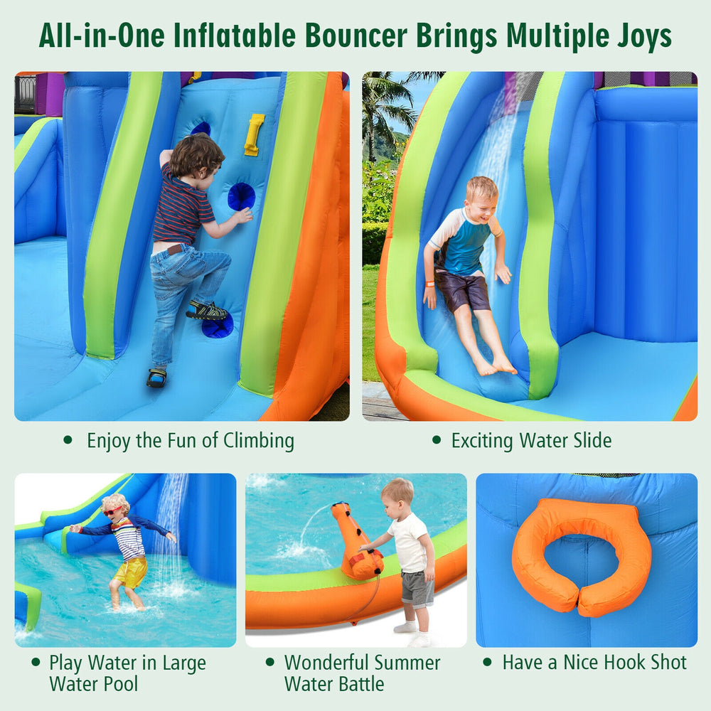 Dual water slide bounce house with climbing, sliding, and built-in water guns for summer fun and stability.