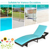 Turquoise patio folding adjustable rattan chaise lounge chair with cushion, ideal for poolside, balcony, or beach use.