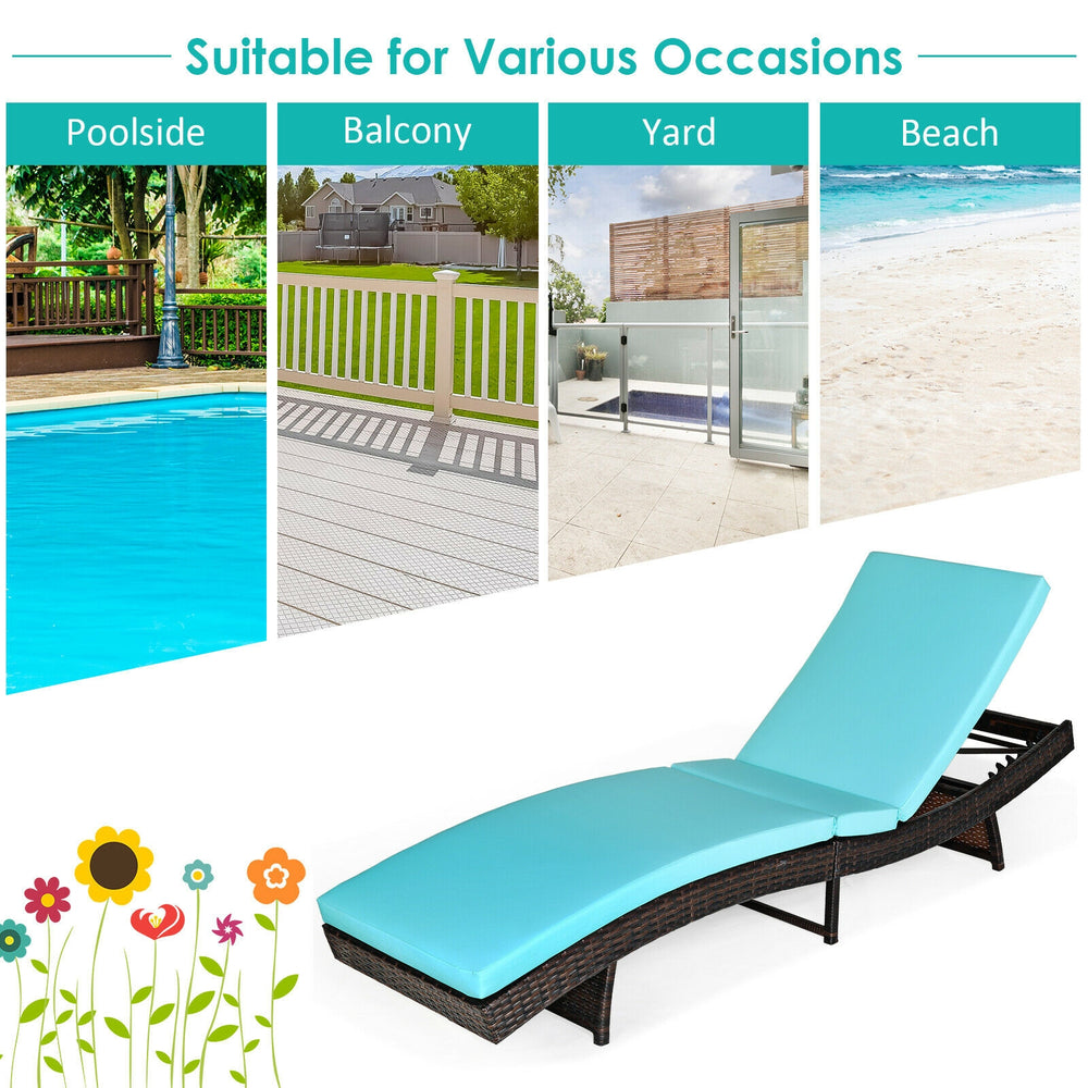 Turquoise patio folding adjustable rattan chaise lounge chair with cushion, ideal for poolside, balcony, or beach use.