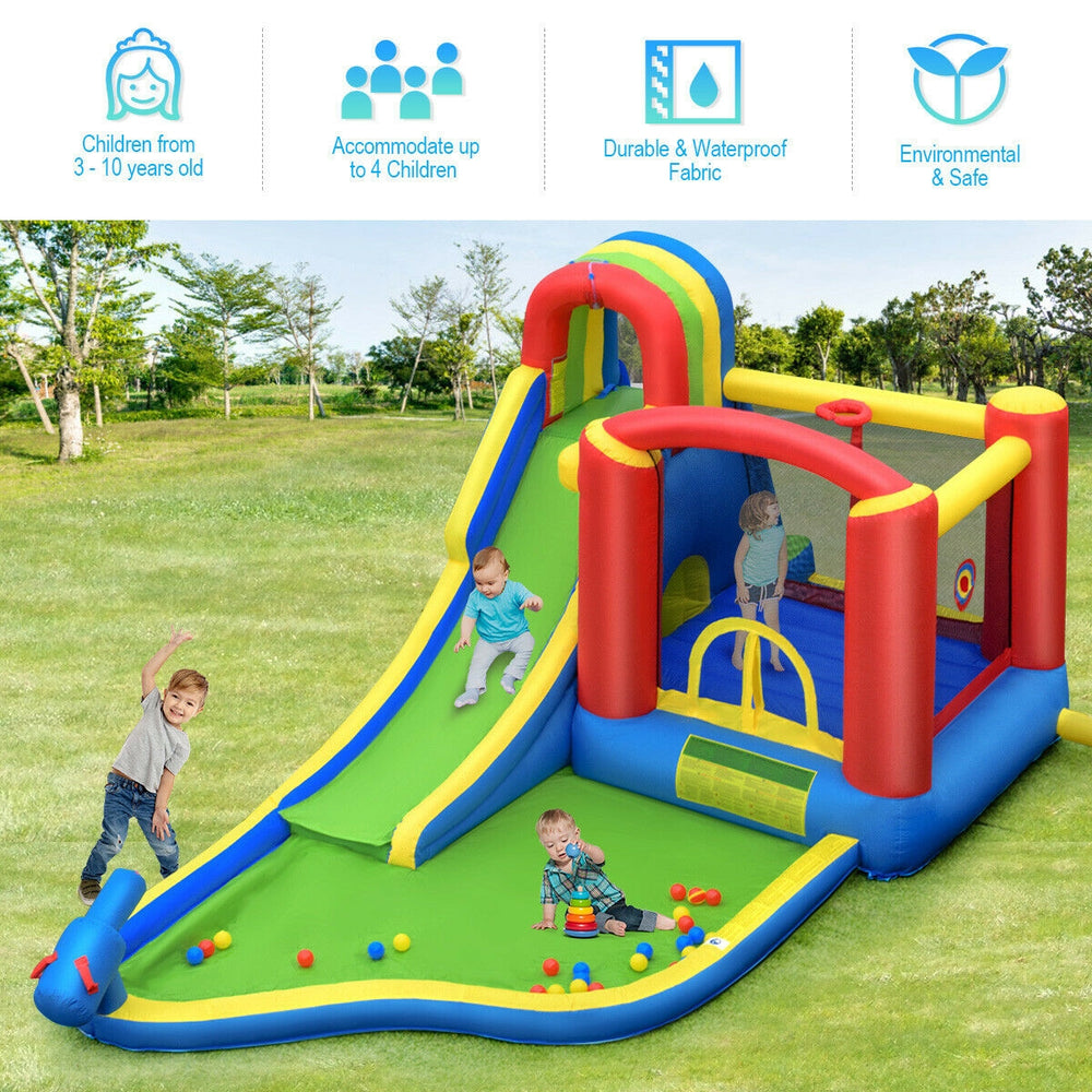 Inflatable bounce house with slide, made of puncture-resistant 420D oxford fabric, for outdoor summer fun.