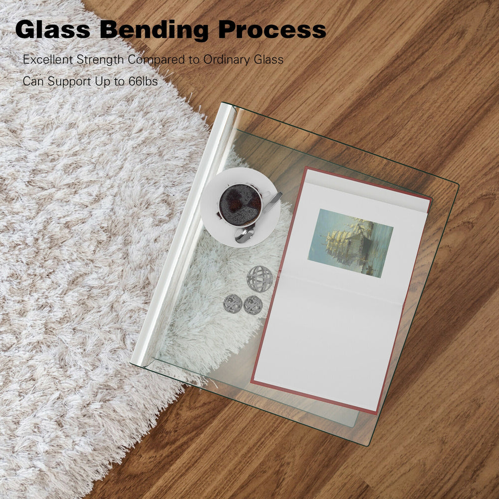 Tempered glass waterfall end table with a minimalist design, supporting up to 66lbs, ideal for living room or office.