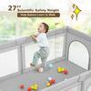 Extra-large gray baby playpen with 27'' height, featuring 50 ocean balls for safe play and learning to walk.