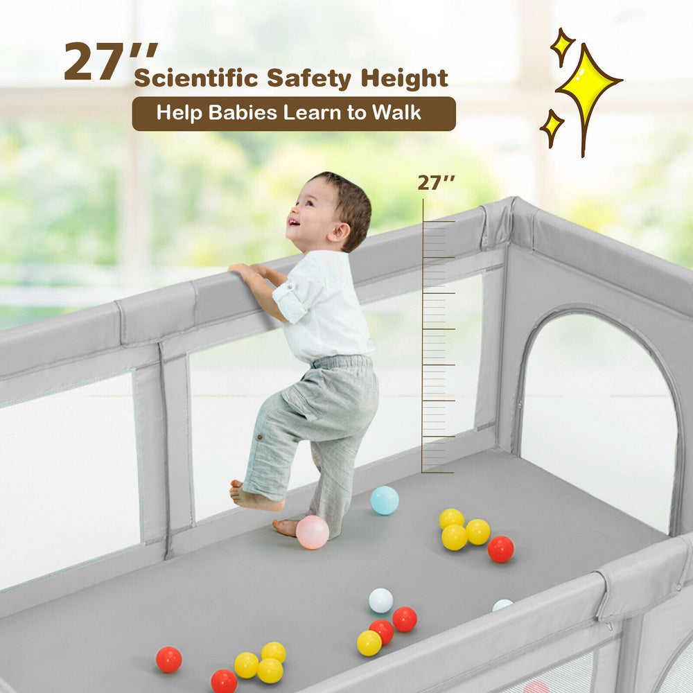 Extra-large gray baby playpen with 27'' height, featuring 50 ocean balls for safe play and learning to walk.