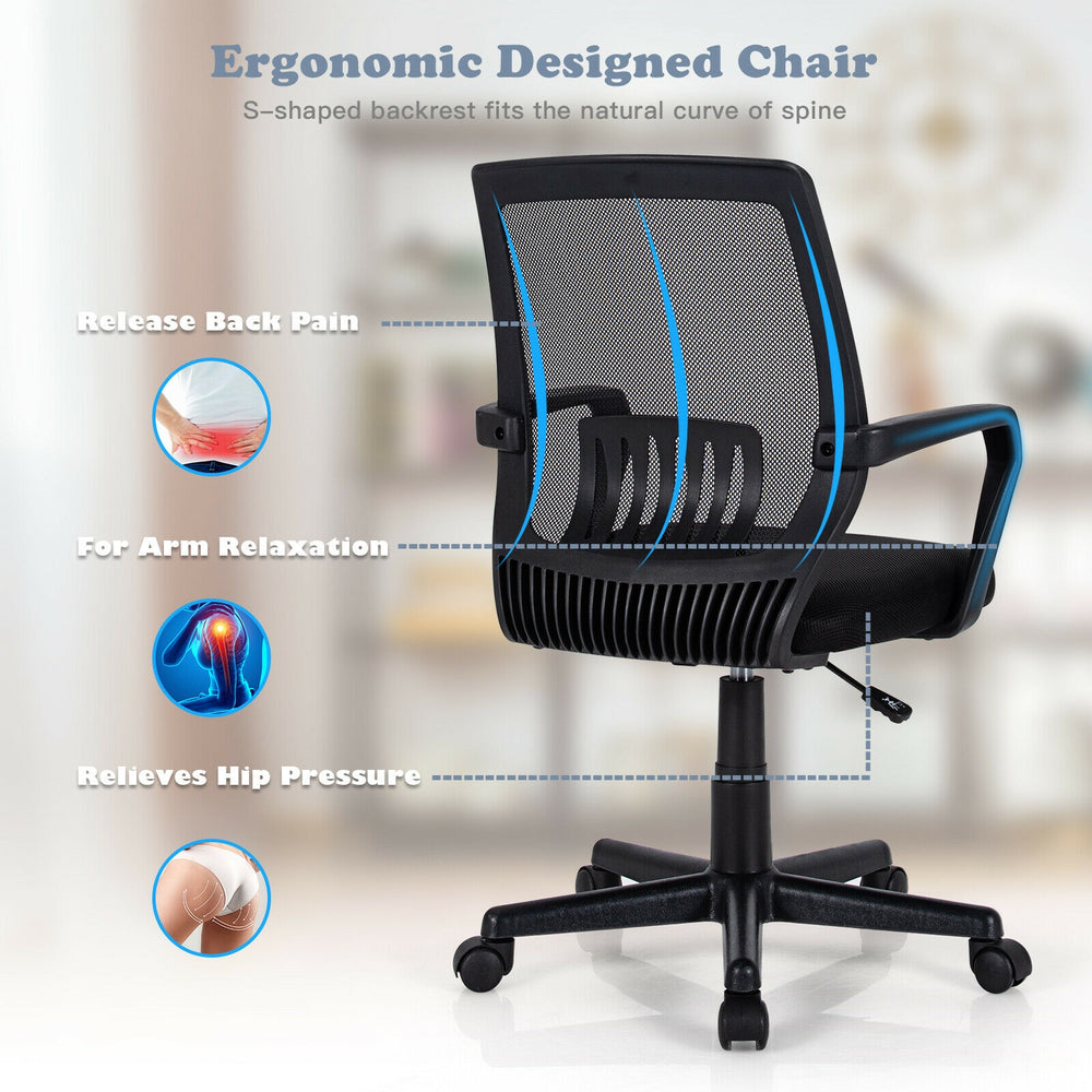 Mid-back mesh executive chair with lumbar support, adjustable height, and ergonomic design for office comfort.