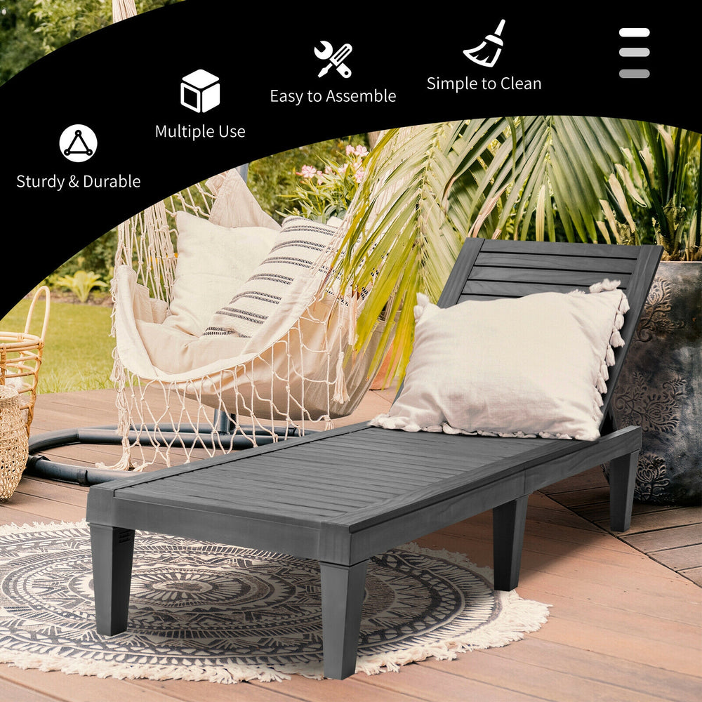 Black outdoor recliner chair with 5-position adjustable backrest, perfect for patio or poolside relaxation.