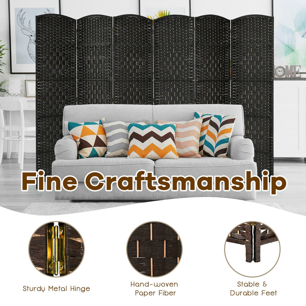 6-panel black weave folding room divider screen, 6.5 ft tall, made of durable poplar and handwoven fiber for versatile.