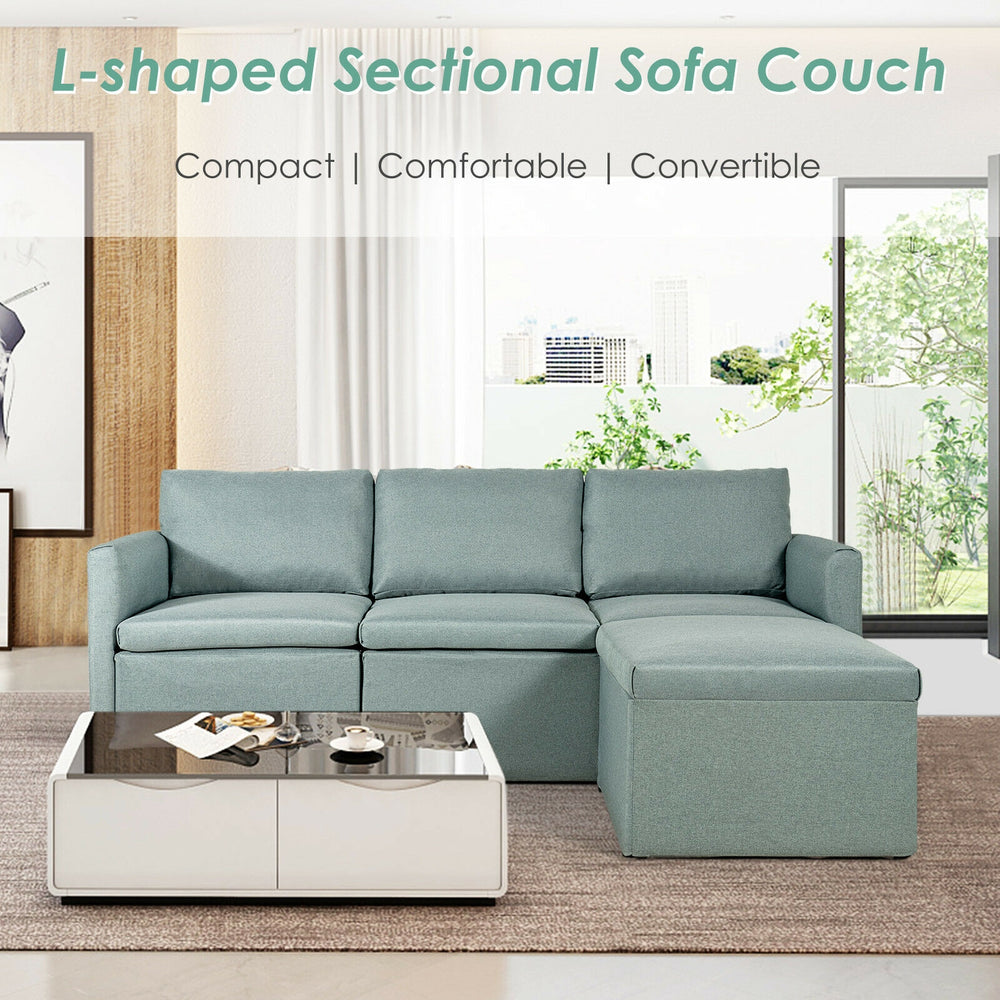 L-shaped sectional sofa couch in green with reversible chaise, featuring soft linen fabric and comfortable cushions for.