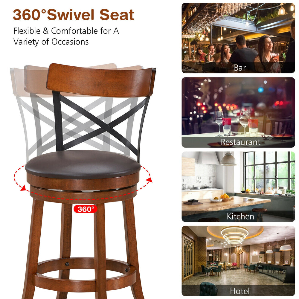 Set of 2 bar stools with 360-degree swivel seats, rubber wood legs, and soft cushions for comfort in bars or kitchens.