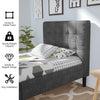 Gray platform bed with button tufted headboard, sturdy frame, and 7-inch under-bed storage for modern bedroom decor.